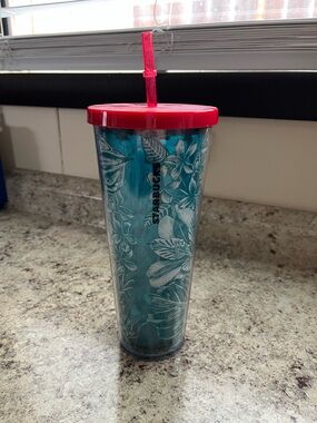 Starbucks Teal Floral Tumbler with Red Lid and Straw